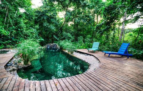 a wooden deck with a pond and two blue chairs at La Shamana - Ecological Concept in Jungle in Cahuita