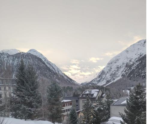a town in the mountains with snow covered mountains at Chesa Betschla Pontresina in Pontresina