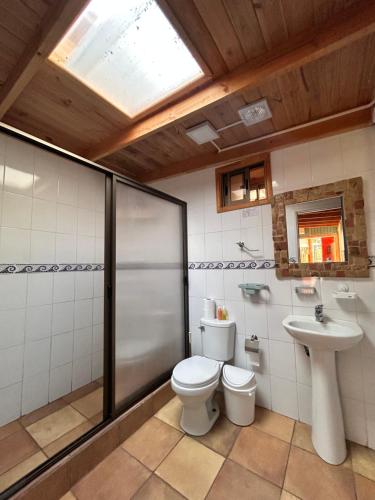 a bathroom with a toilet and a sink at alojamiento Lof tüng in Los Vilos