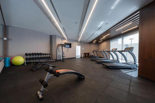 a gym with a row of treadmills and machines at Radisson Blu Hotel, Amman Galleria Mall in Amman