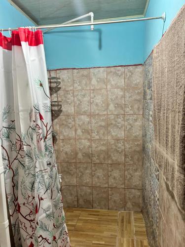 baño con cortina de ducha y pared de azulejos en Apartamento caribe sur en Puerto Limón