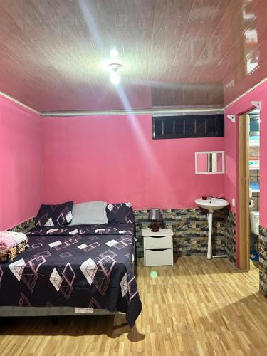 プエルト・リモンにあるApartamento caribe surのピンクの壁のベッドルーム(ベッド1台、シンク付)