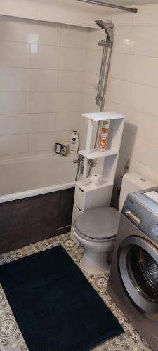 a bathroom with a toilet and a washing machine at Studio fonctionnel avec espace extérieur partagé in Villepinte