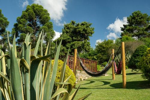 a garden with hammocks in a park with trees at Pousada das Pedras in Monte Verde