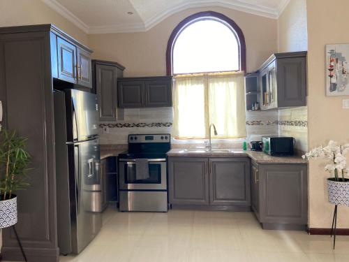 a kitchen with a stainless steel refrigerator and an arched window at Aventurine Modern Apt in Kingston