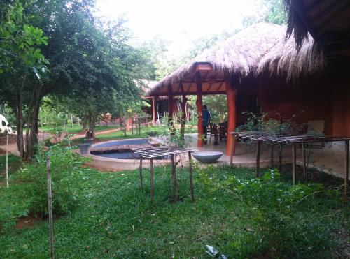 a house with a thatch roof with a pool at Kuwera Eco Lodge in Sigiriya