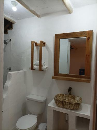 uma casa de banho com um WC, um lavatório e um espelho. em Blue Beach Eco-Hotel by Sanfabini em Bayahibe