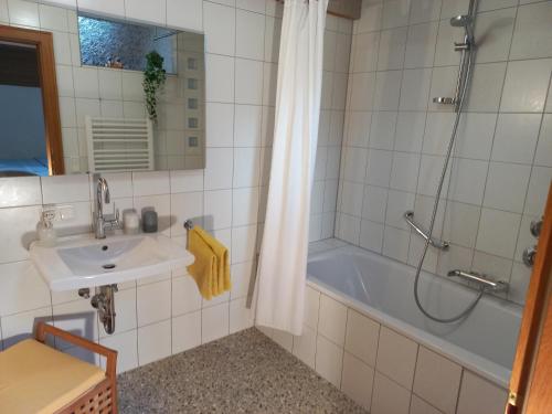 a bathroom with a tub and a sink and a shower at Ferienwohnungen Sonja in Bernau am Chiemsee
