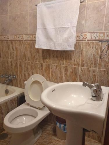 uma casa de banho com um WC branco e um lavatório. em PUNO EROPA HOTEL em Puno