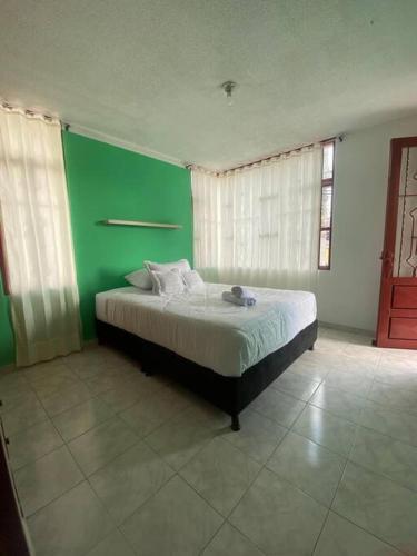 a bedroom with a bed with a green wall at Casa amplia con garaje in Fusagasuga