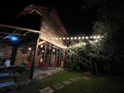 un grupo de luces en una casa por la noche en Cabaña en el Árbol La Calera, en La Calera