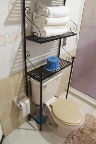 a bathroom with a toilet and a rack with towels at habitación en medio de la naturaleza in Zacatlán