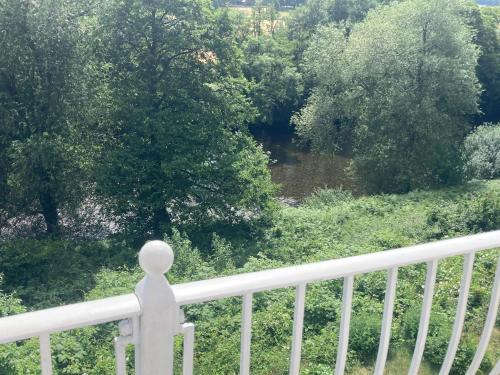 a view of a river from a balcony at Llanwenarth Hotel in Crickhowell