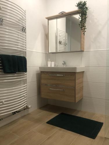 een badkamer met een wastafel en een spiegel bij Traumhaftes Studioappartement in Wadern