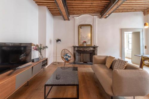 a living room with a couch and a television at Passage de l’Evêché in Annecy