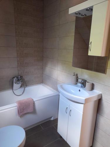 ein Badezimmer mit einem Waschbecken, einem WC und einer Badewanne in der Unterkunft Tiszavíz Vendégház in Tiszafüred