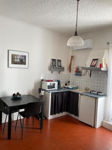 eine Küche mit einer Theke, einem Tisch und einer Mikrowelle in der Unterkunft Studio pour 2 personnes in Arles