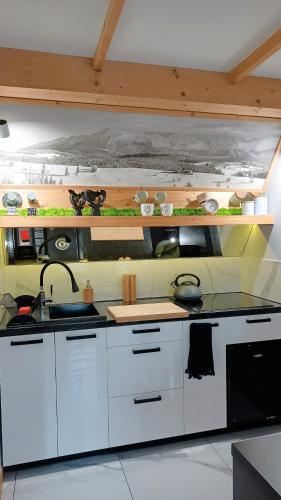 a kitchen with white cabinets and a black sink at Lux Houses w DOMKU tylko DWA APARTAMENTYz jacuzzi zewnętrznym in Groń