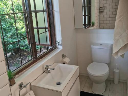 a bathroom with a toilet and a sink and a window at HONEYCOMB TREEHOUSE- Back up Power & Water, 2 Adults & 1 Kid in Durban