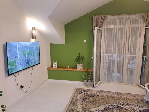 sala de estar con TV de pantalla plana en la pared en Gallery apartment en Podgorica