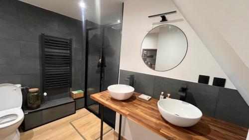 a bathroom with a sink and a mirror at Maison de ville saint-lo in Saint Lo