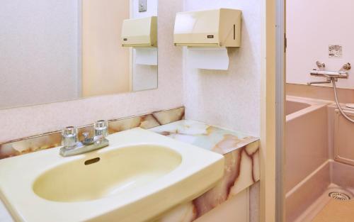 uma casa de banho com um lavatório e um espelho em 砂川パークホテル em Sunagawa