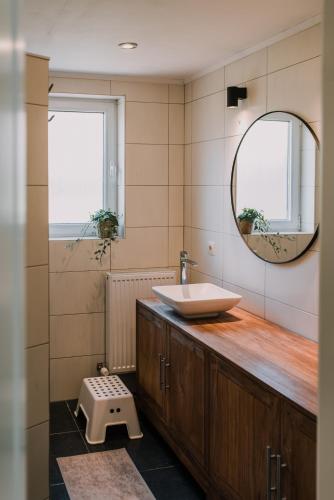 a bathroom with a sink and a mirror at Vakantiehuis De Bekaf in Stekene