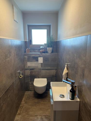 a bathroom with a toilet and a sink at Haus Egger in Jochberg