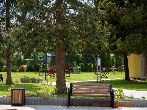 ミエルノにあるSłoneczny Brzeg Natura Tourのベンチとテーブルと木々のある公園