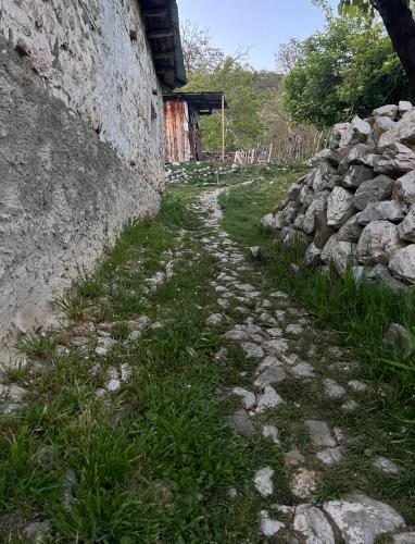 un chemin en pierre à côté d'un mur en pierre dans l'établissement Strofka Guest House, à Maliq