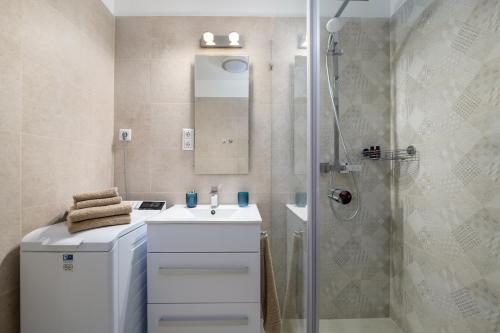 Rames-Cosmo Downtown Apartment with rooftop POOL في بودابست: حمام مع حوض غسيل أبيض ودش