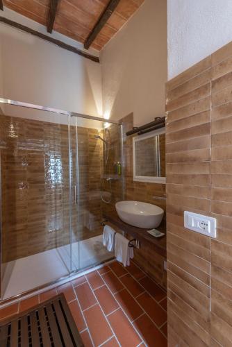 a bathroom with a glass shower and a sink at Tenuta Il Cicalino in Massa Marittima