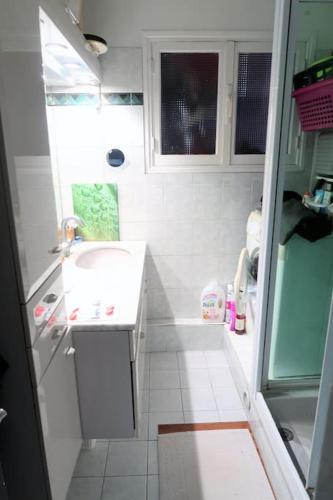 uma pequena casa de banho com um lavatório e um chuveiro em Joli F3 en centre-ville em Chilly-Mazarin