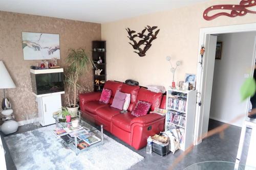 uma sala de estar com um sofá vermelho num quarto em Joli F3 en centre-ville em Chilly-Mazarin