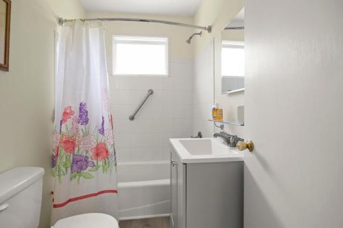 uma casa de banho com um lavatório e uma cortina de chuveiro em Relaxing 2BR Lakehouse by CozySuites em Copake
