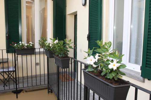 ein Balkon mit grünen Türen und Pflanzen darauf in der Unterkunft JB in Como in Como