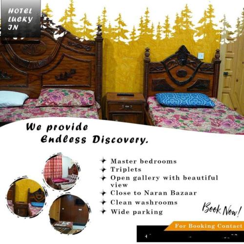 a flyer for a hotel room with two beds and avertisement at Hotel Lucky Inn in Nārān