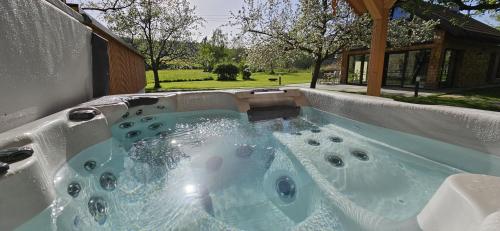 a large jacuzzi tub in a backyard at Chalet im Obstgarten 