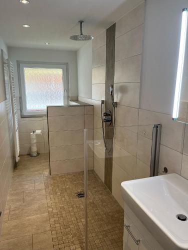 a bathroom with a shower and a sink at Ferienhof Rohrbachhof in Schiltach