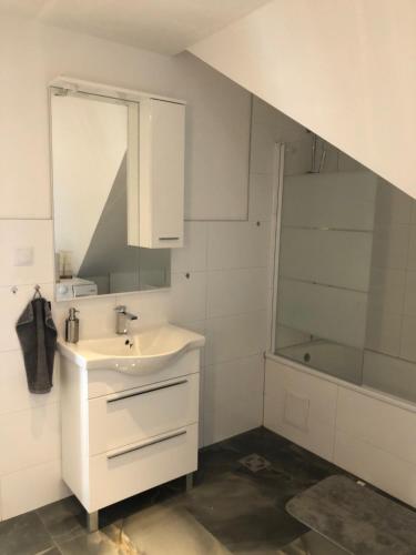 a white bathroom with a sink and a shower at Apartment Vuleta in Prijedor