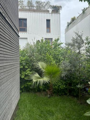 un palmier dans une cour à côté d'un bâtiment dans l'établissement JO : Charmant appart proche de Paris, à LʼÎle-Saint-Denis