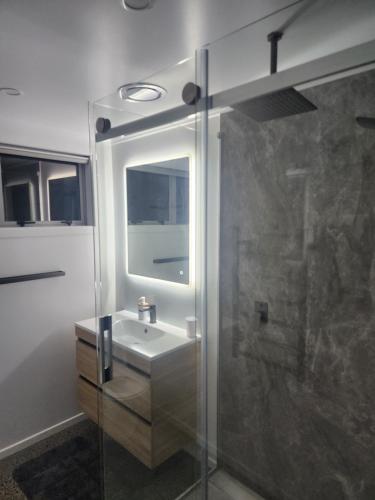 bagno con lavandino e doccia in vetro di Beautiful Rural Hilltop Studio Unit a Ohaupo
