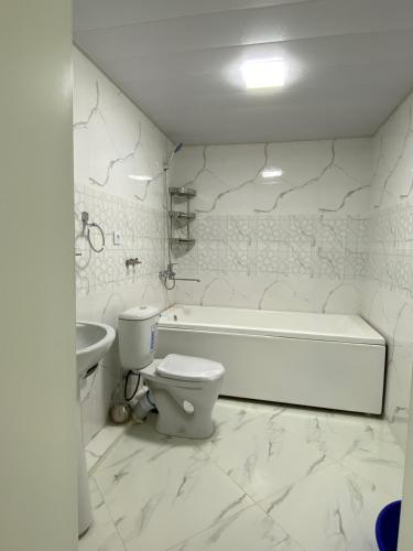 Apartment في سمرقند: حمام مع مرحاض وحوض استحمام ومغسلة