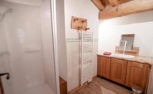 a bathroom with a sink and a toilet and a shower at Chalet Les Liouès in Sollières-Sardières