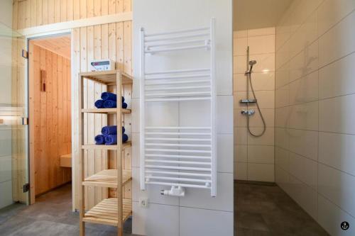 a bathroom with a shower with wooden shelves at Sonnengarten 4 - Sonnenveranda in Kellenhusen
