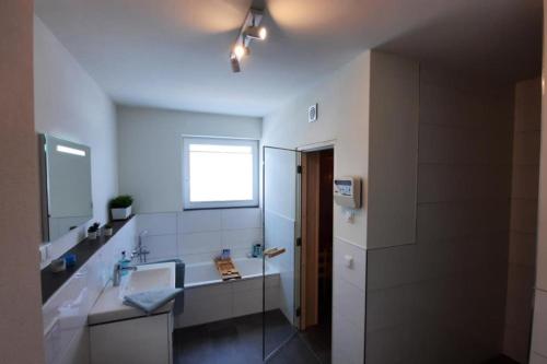 uma casa de banho com um lavatório, um chuveiro e um espelho. em Sonnenweg 42 em Heringhausen