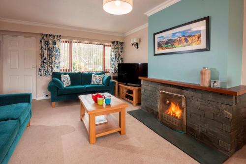 a living room with a fireplace and a green couch at Wansrigg in Ambleside