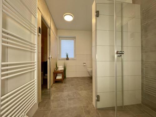 a bathroom with a glass shower and a toilet at DAHMER STRAND No13 in Dahme