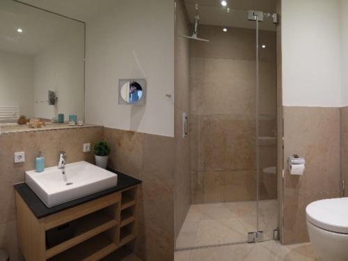 een badkamer met een douche, een wastafel en een toilet bij Strandperle im Achterhus in Juist