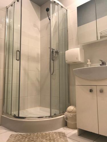 a bathroom with a shower and a sink at wawel hostel in Krakow